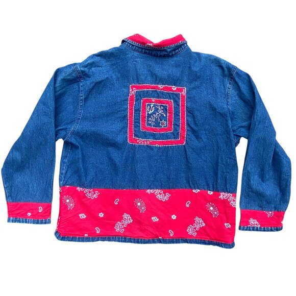 Vintage Denim Patchwork Red Bandana Jean Jacket Western Cowgirl Paisley Rodeo-XL - Picture 2 of 15